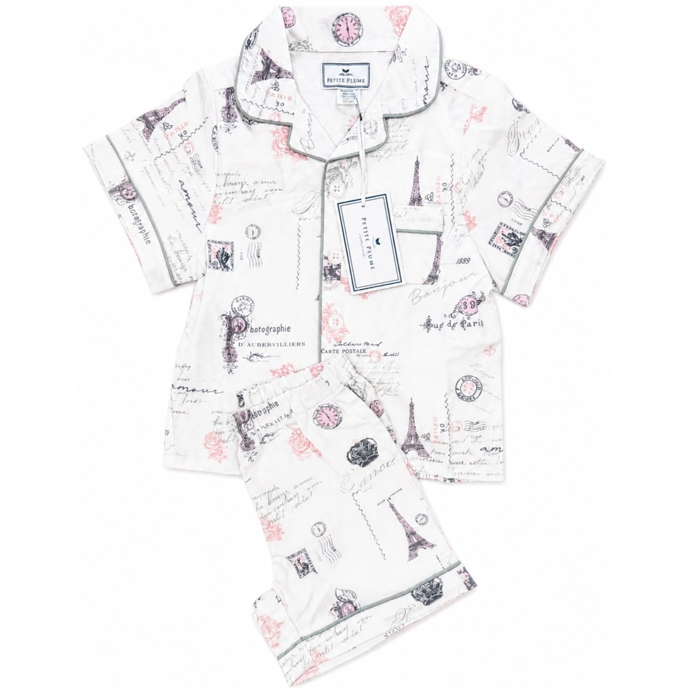 Petite Plume‎ Paris Musings Classic Short Pajama Set White Pink 12-18M NWT